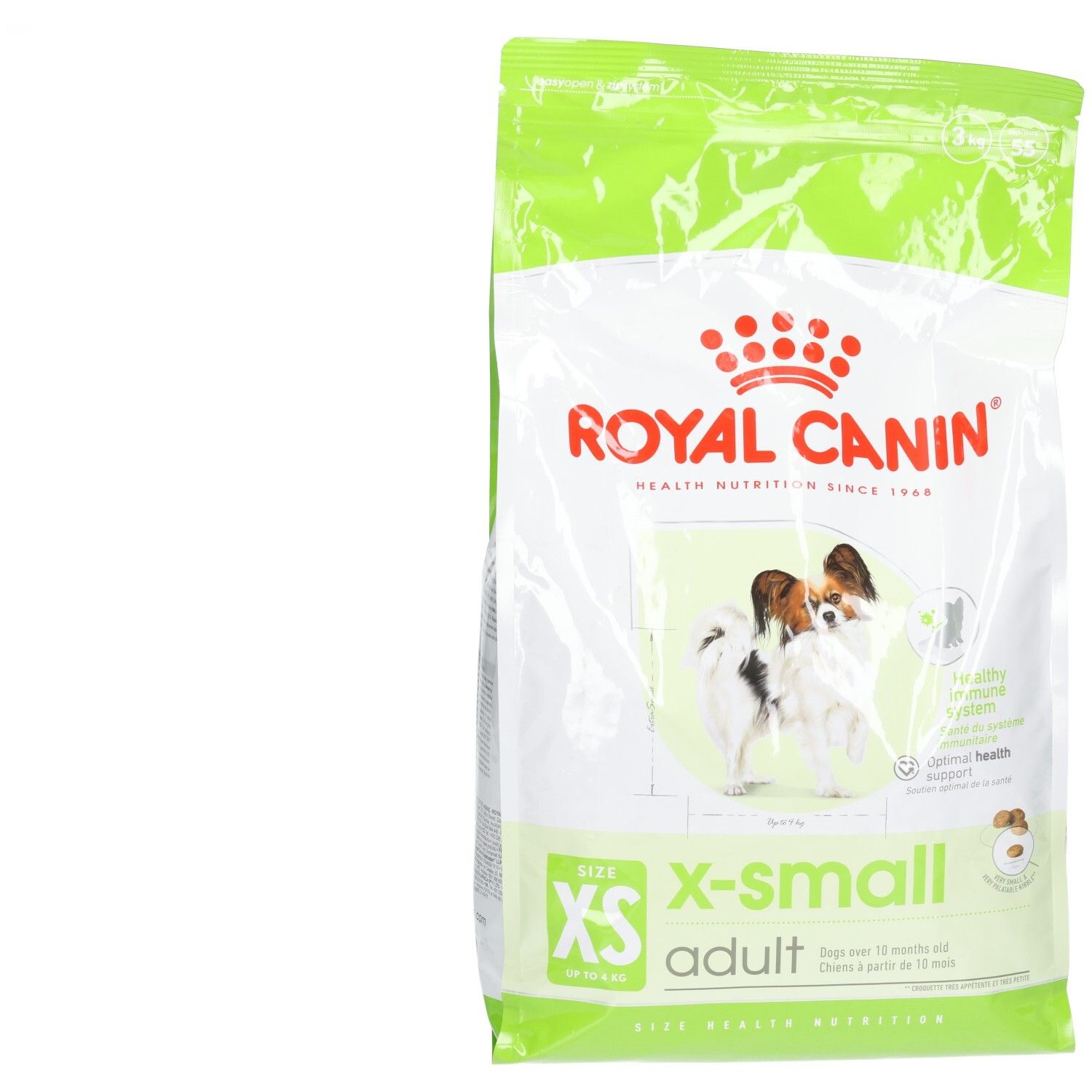 Sac de nourriture pour chien Royal Canin X-Small Adult avec image de deux petits chiens et informations produit.
