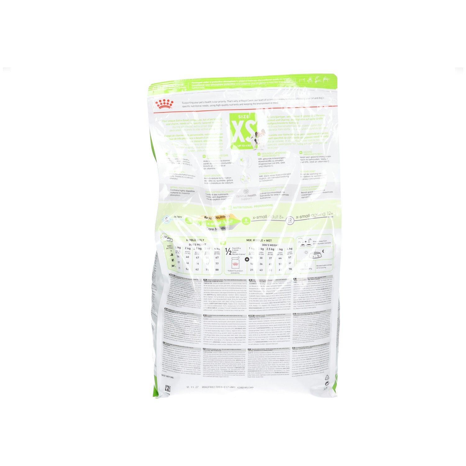 Arrière d'un sac de nourriture pour chien Royal Canin X-Small Adult avec tableaux d'alimentation détaillés et informations produit.