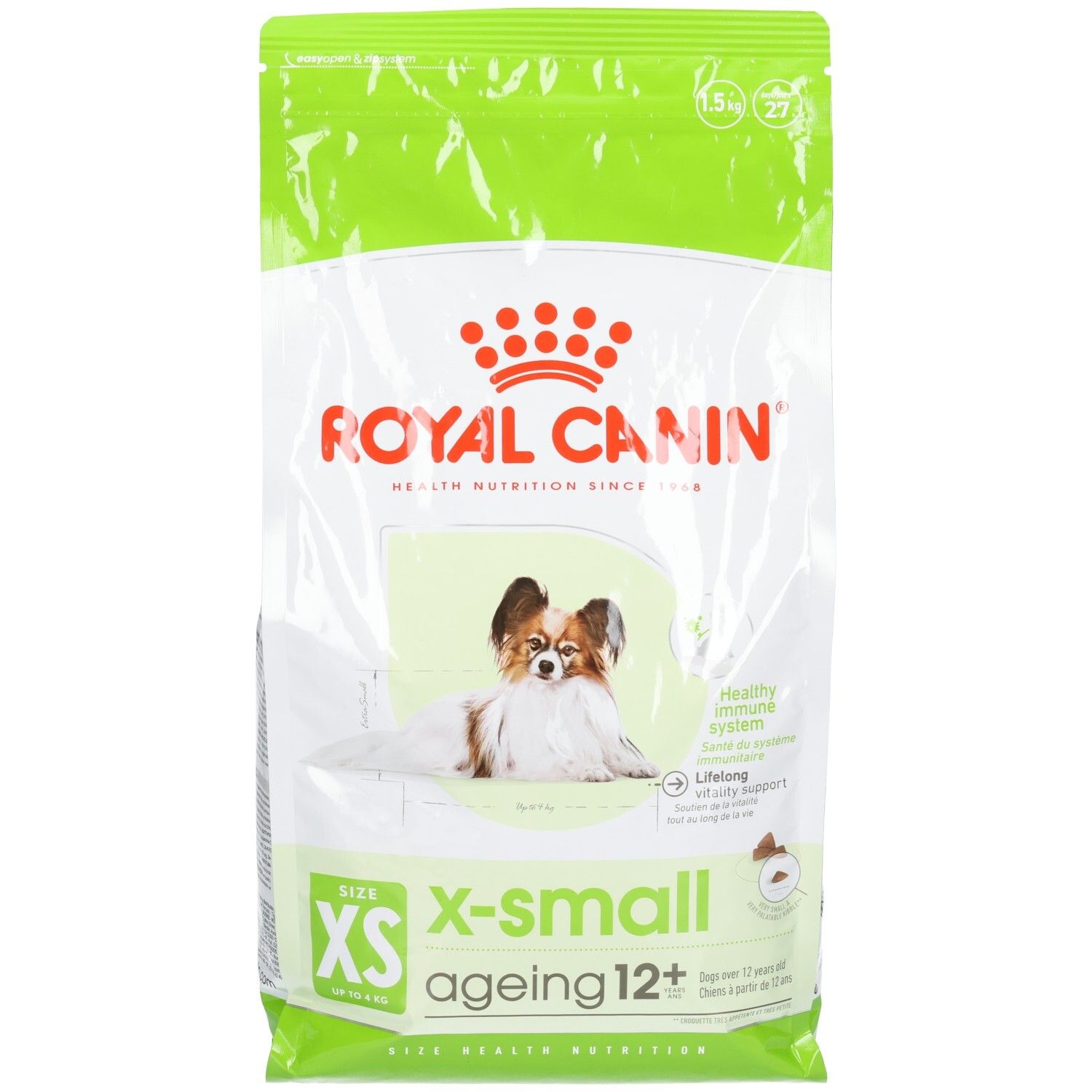 Sac de nourriture Royal Canin X-SMALL AGEING 12+. Vue avant avec motif de chien et informations produit.