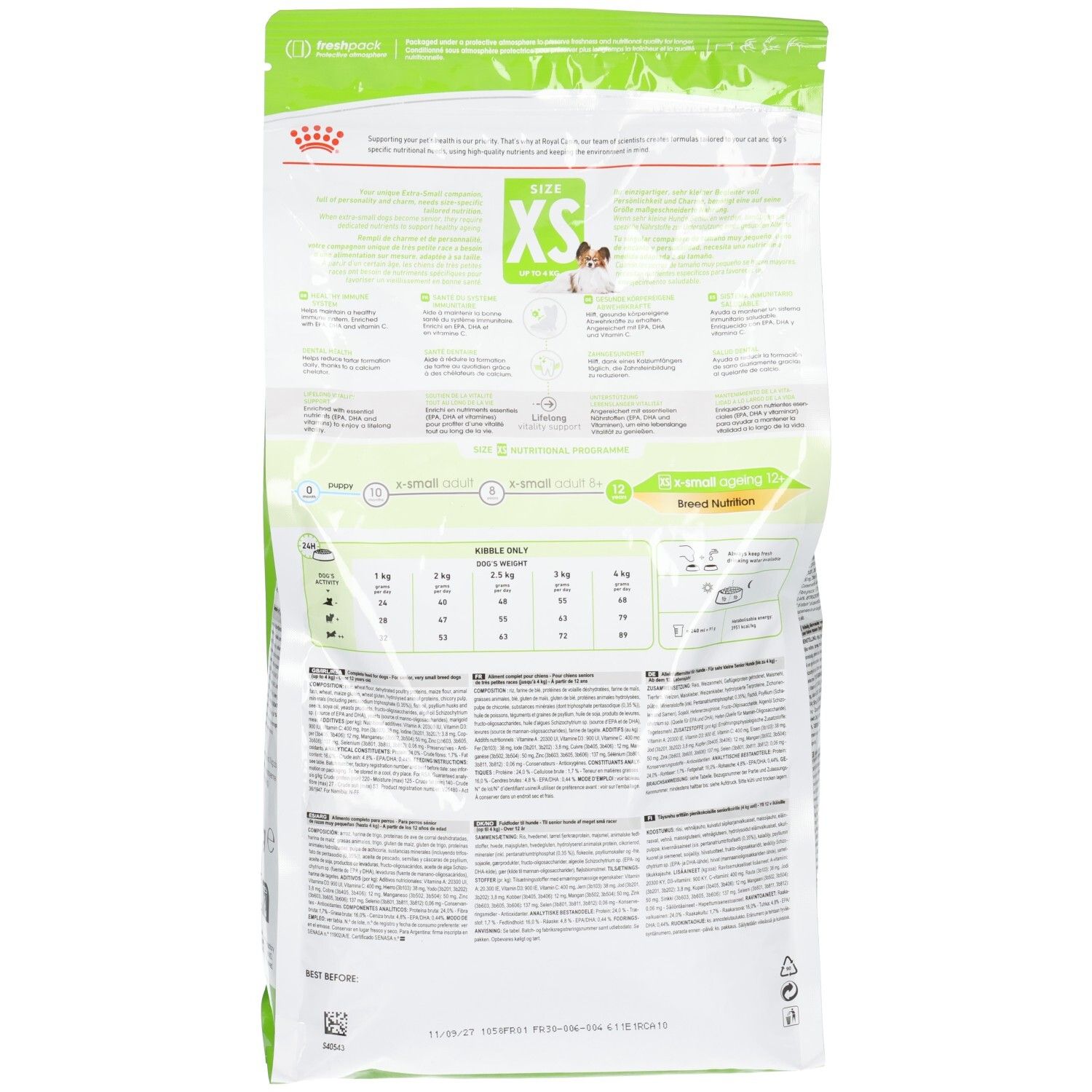 Arrière du sac de nourriture Royal Canin X-SMALL AGEING 12+ avec informations nutritionnelles détaillées et instructions.