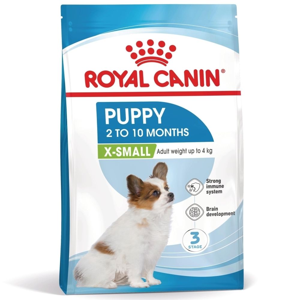 Sac de nourriture Royal Canin SHN PUPPY X-SMALL 3kg avec image de chiot et informations produit.