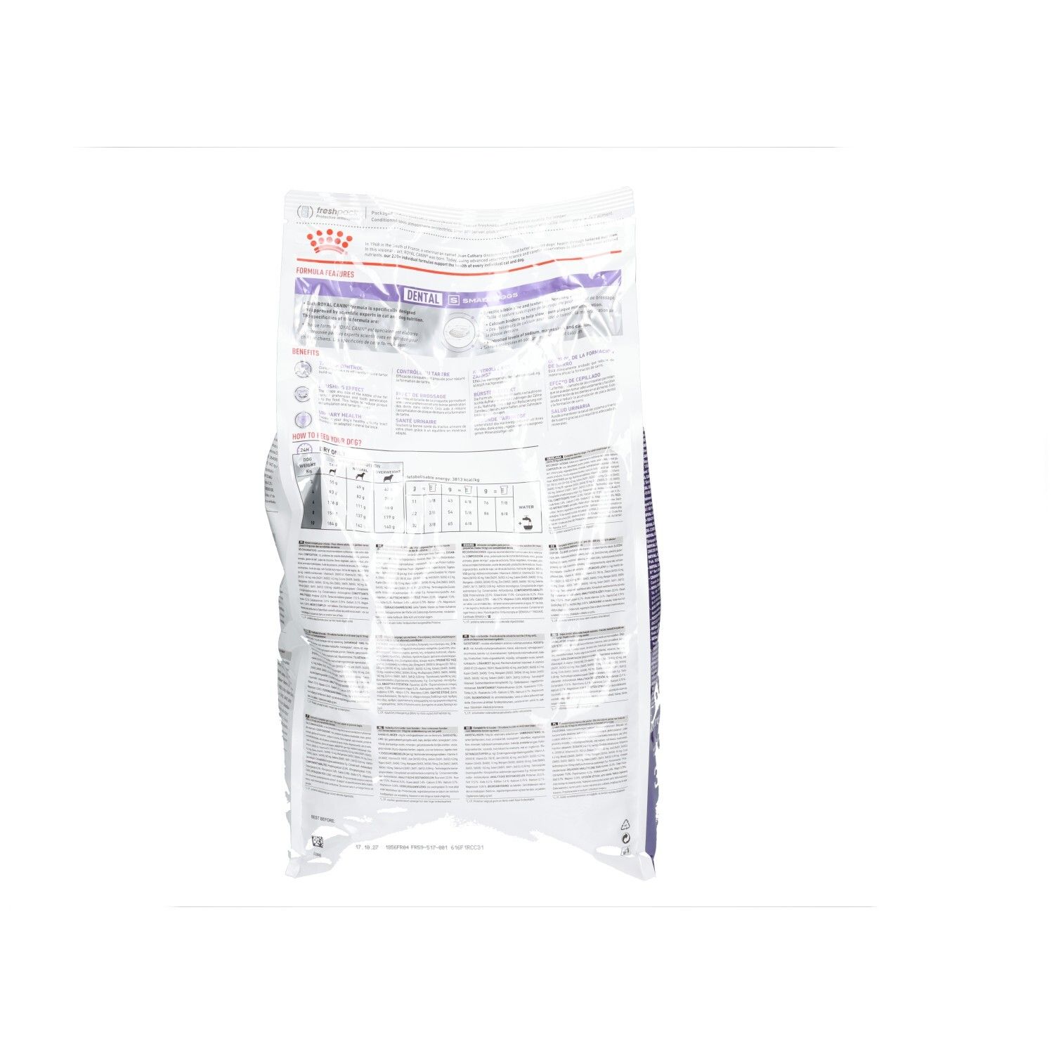 Arrière d'un sac de nourriture Royal Canin VET-D Dental pour chiens avec informations nutritionnelles.