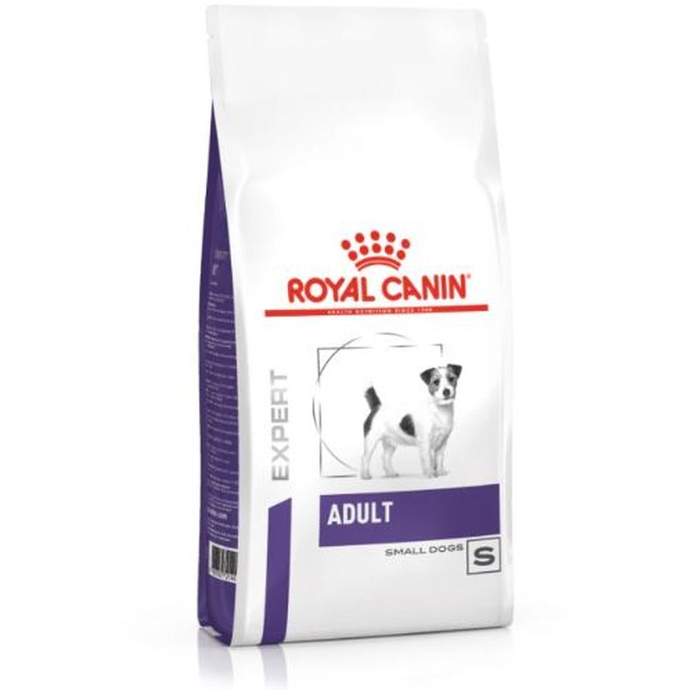 Sac Royal Canin Adult Small Dogs. Blanc avec accents violets. Logo et nom du produit. Un chien est représenté.