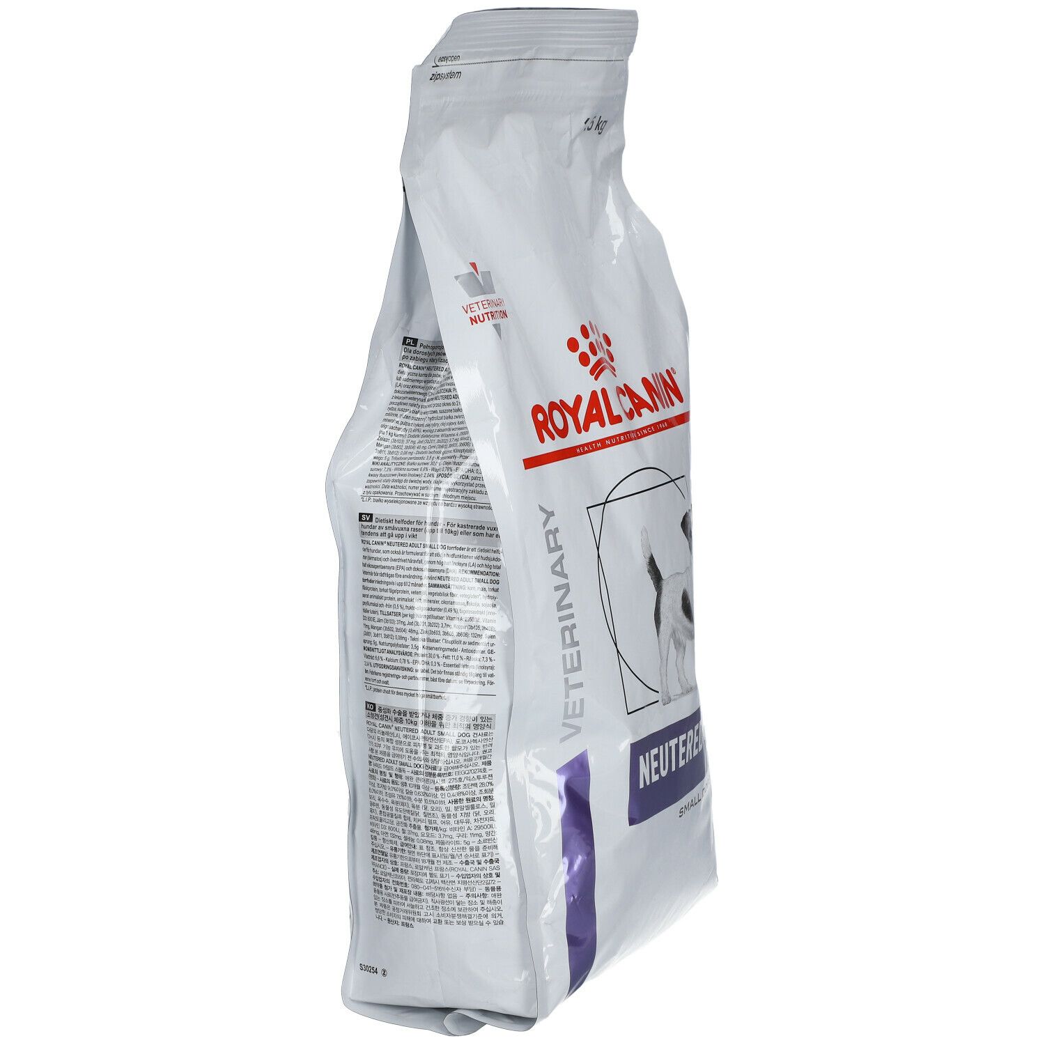 Vue latérale du sac de nourriture. Marque Royal Canin. Texte : Neutered Adult. Impression avec informations et textes en plusieurs langues.