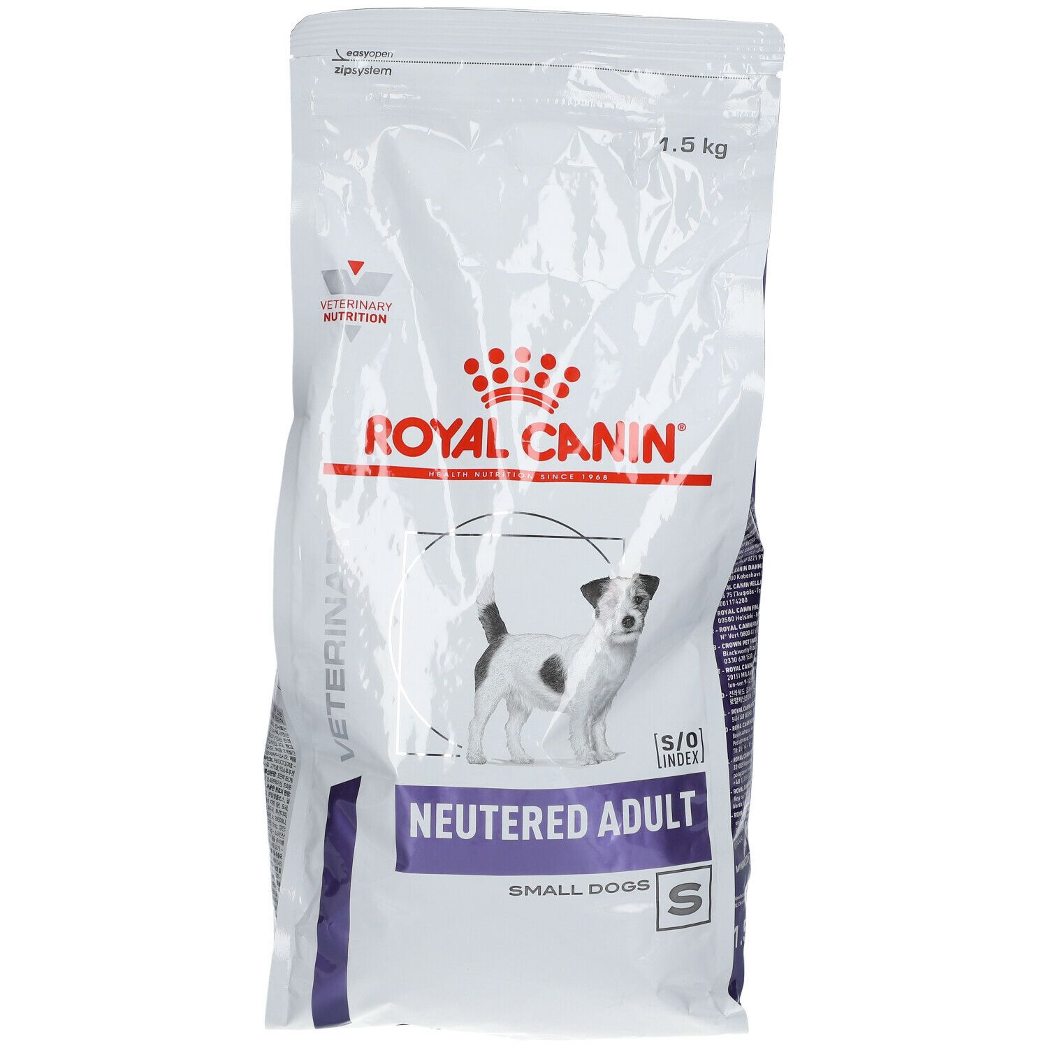 Sac de nourriture pour chiens adultes stérilisés de petite taille. Marque Royal Canin. Image d'un chien. Texte : Neutered Adult Small Dogs. 1,5 kg.