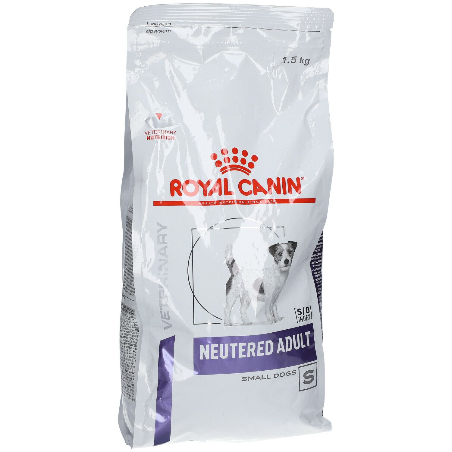 Sac de nourriture pour chiens adultes stérilisés de petite taille. Marque Royal Canin. Image d'un chien. Texte : Neutered Adult Small Dogs. 1,5 kg.