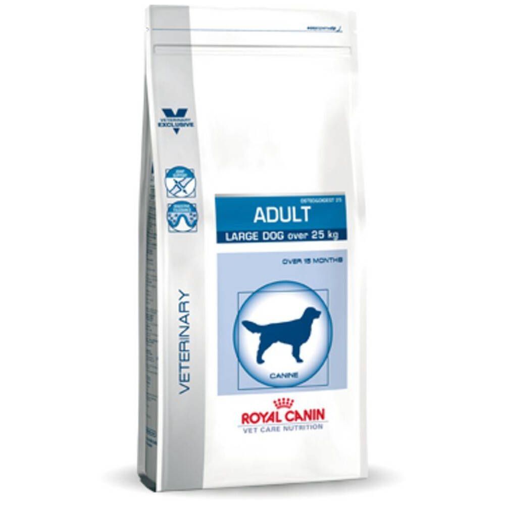 Sac blanc avec texte bleu. Inscription: ADULT LARGE DOG over 25 kg. Logo: Royal Canin Veterinary. Image d'un chien.
