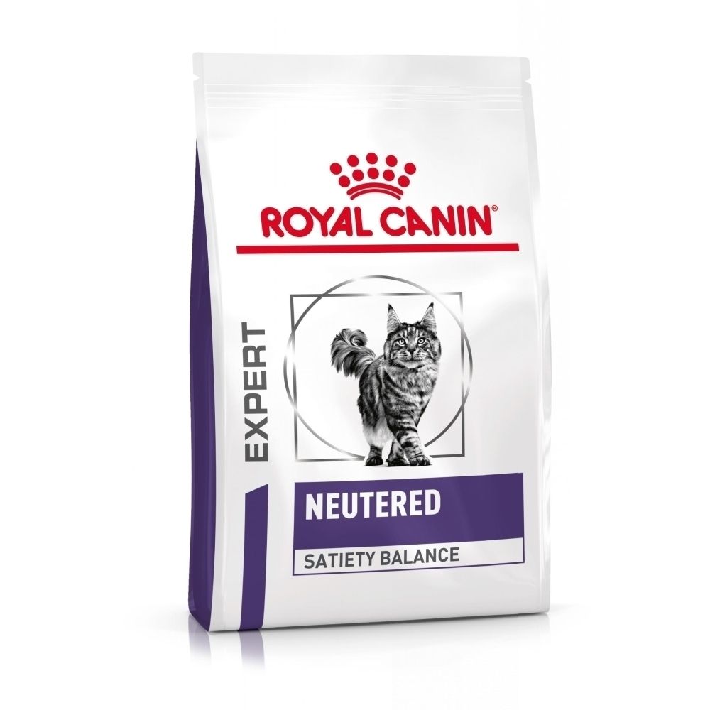 Pack ROYAL CANIN® Expert Neutered Satiety Balance pour chats avec image de chat.