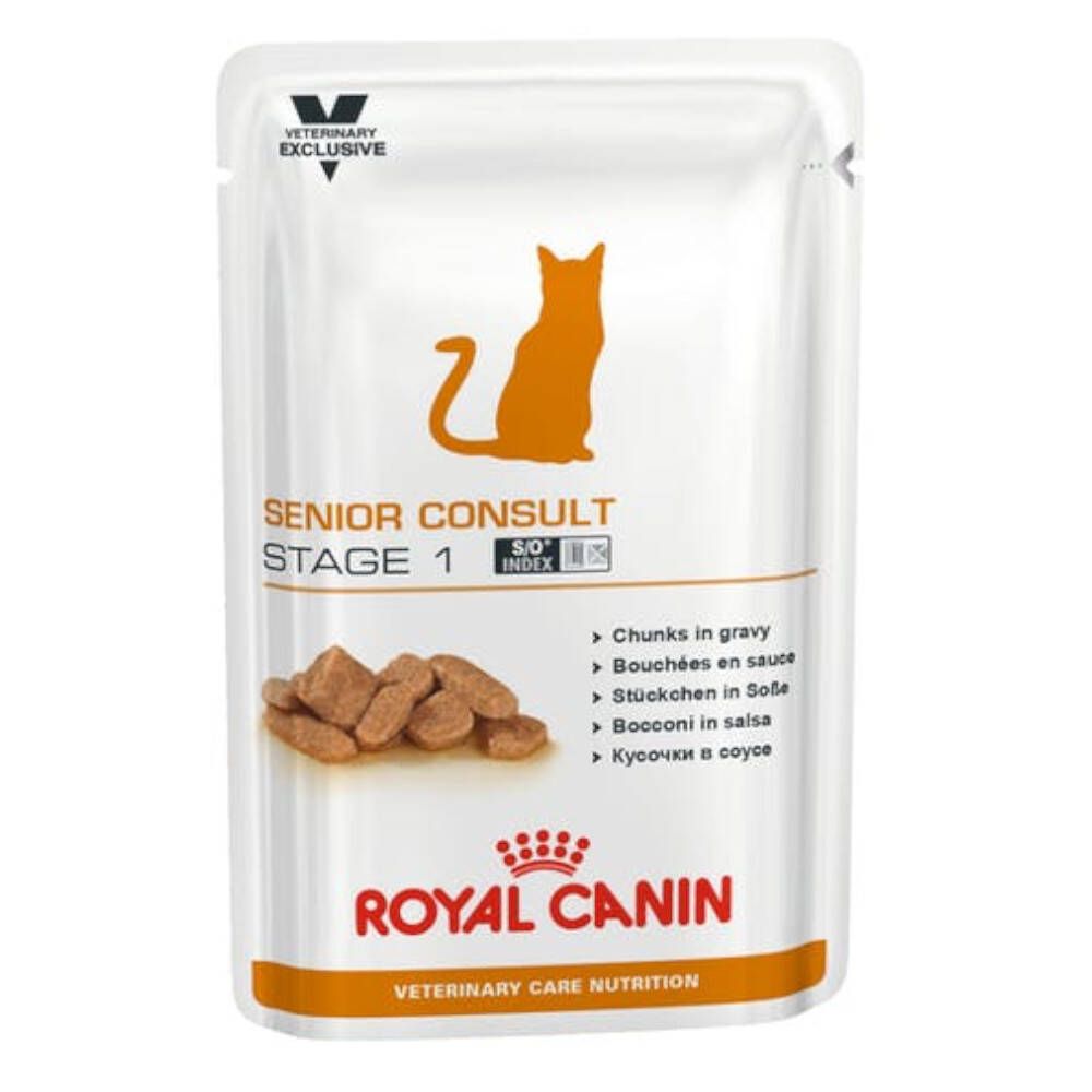 Sachet de nourriture pour chats. Inscription : SENIOR CONSULT STAGE 1. Morceaux bruns en sauce représentés.