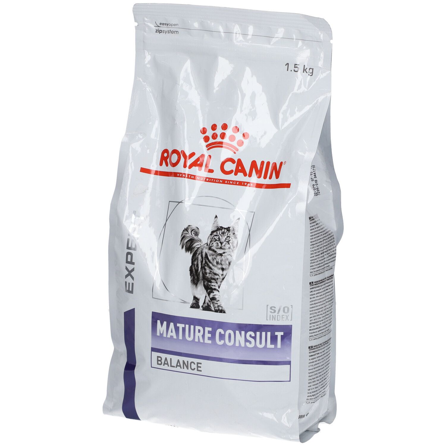 Sac blanc ROYAL CANIN avec chat et texte MATURE CONSULT BALANCE. Poids : 1,5 kg.