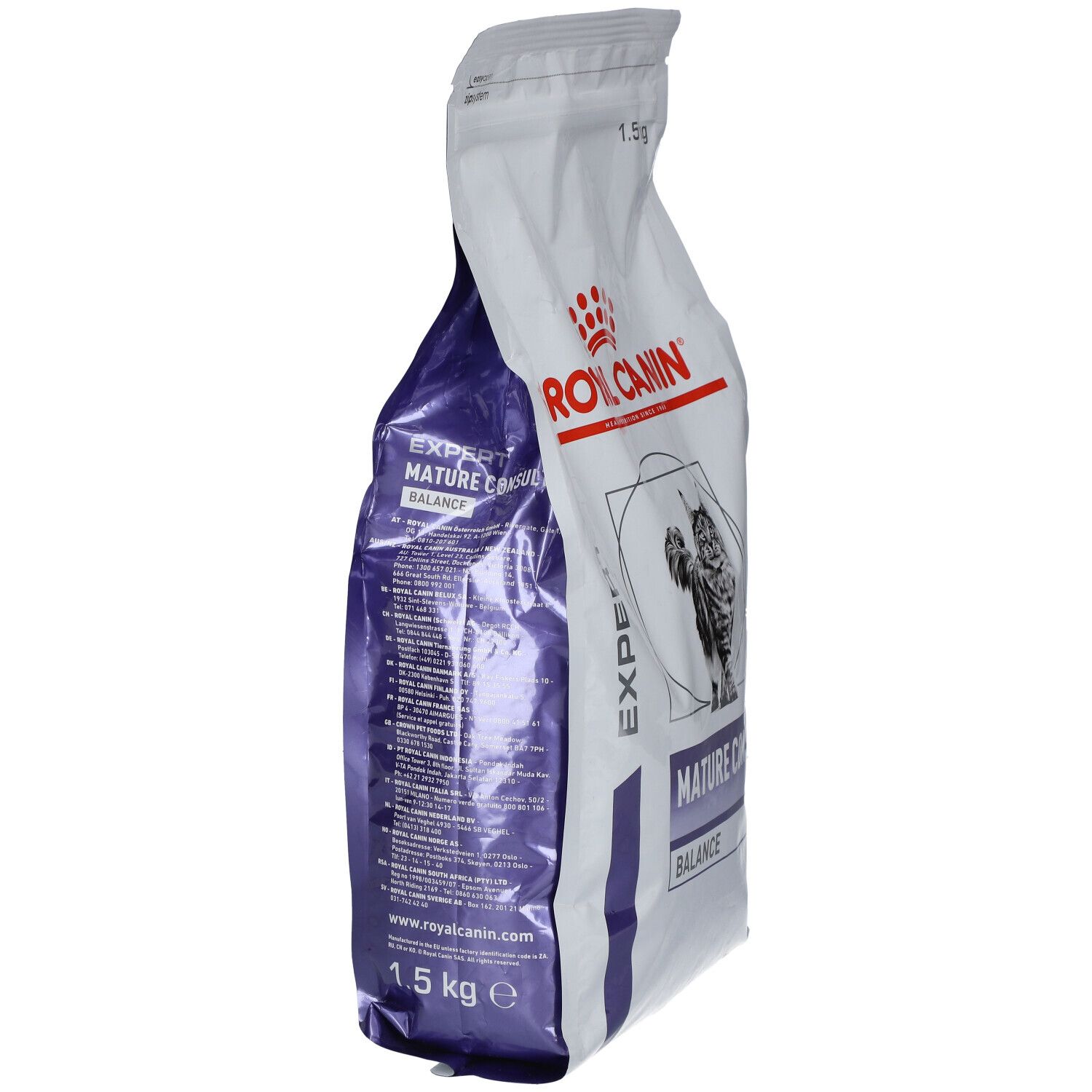 Vue latérale du sac. Logo ROYAL CANIN, chat, texte MATURE CONSULT BALANCE. 1,5 kg.