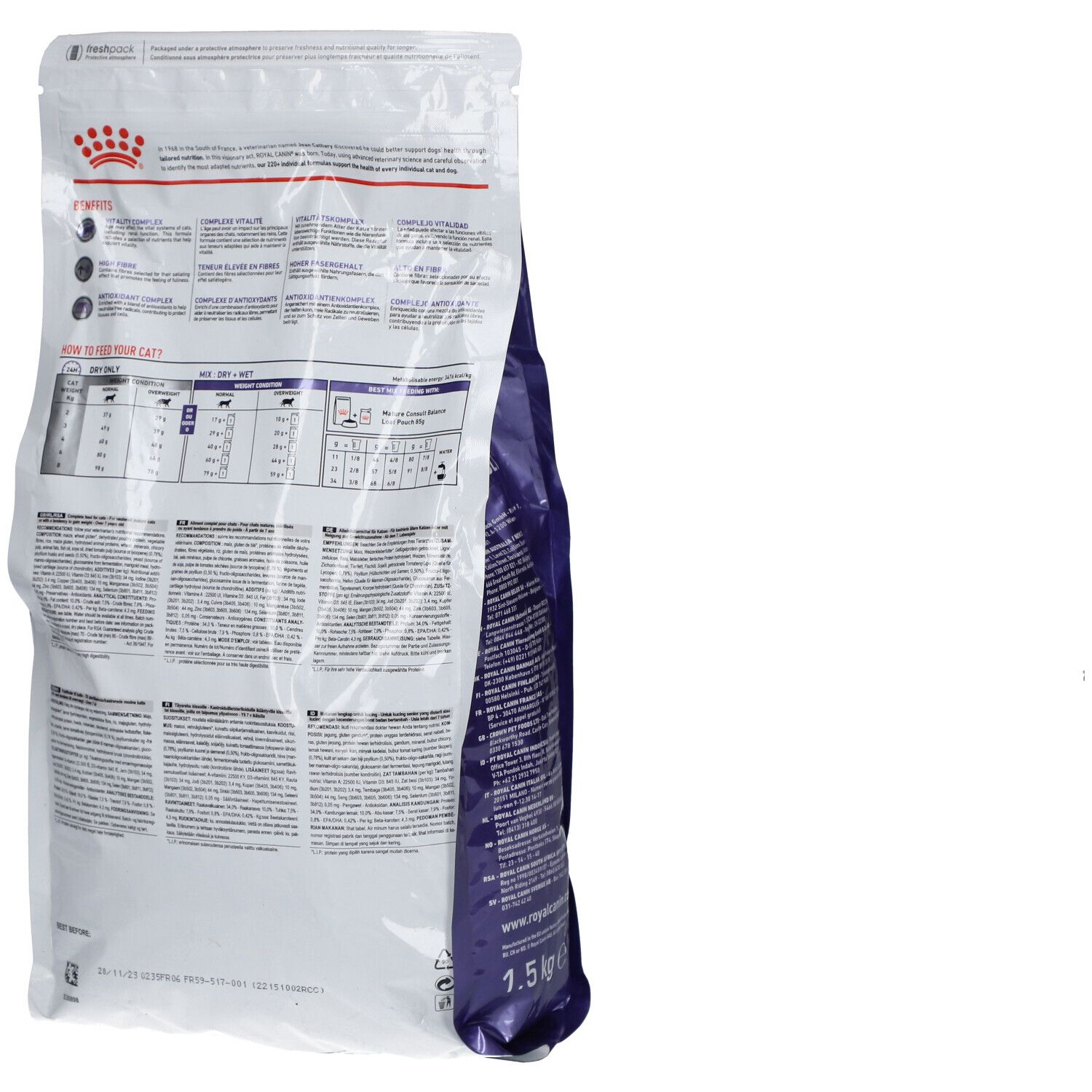 Dos du sac avec texte et tableaux. Logo ROYAL CANIN et 1,5 kg.