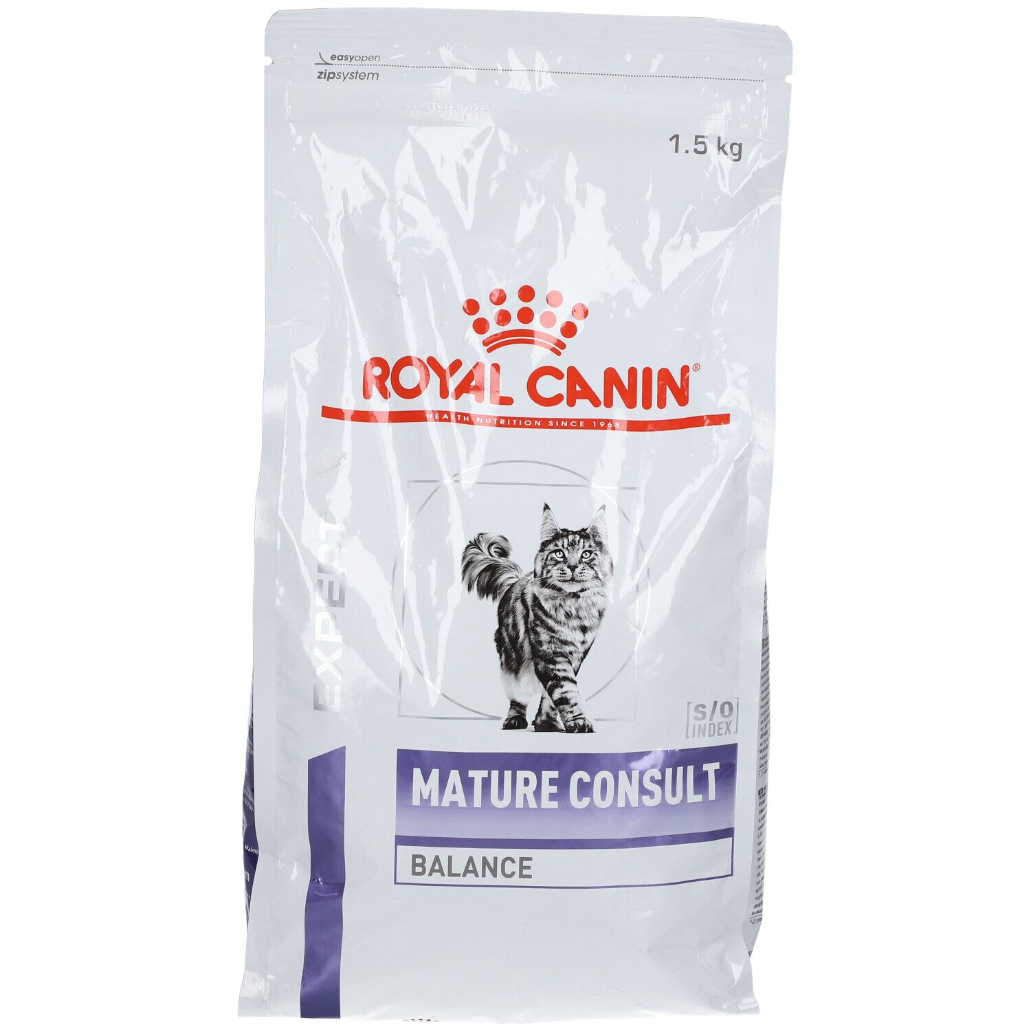 Sac blanc ROYAL CANIN avec chat et texte MATURE CONSULT BALANCE. Poids : 1,5 kg.