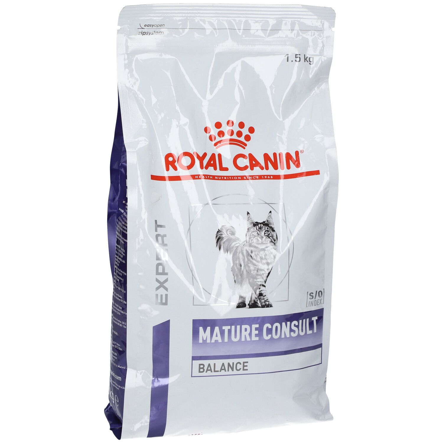 Sac blanc ROYAL CANIN avec chat et texte MATURE CONSULT BALANCE. Poids : 1,5 kg.
