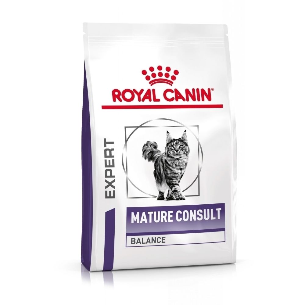 Sac de croquettes ROYAL CANIN Senior Consult Balance pour chat avec motif de chat.