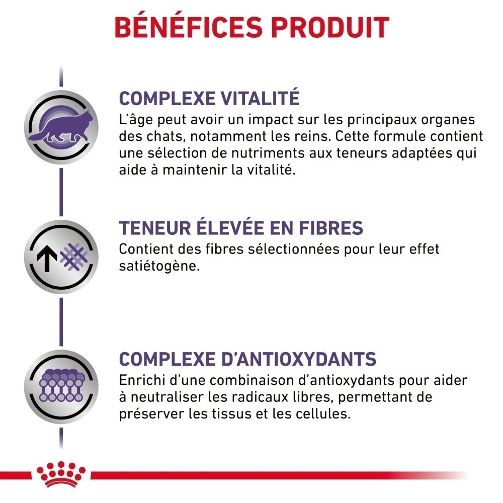 Graphique sur les avantages du produit : vitalité, fibres et antioxydants.