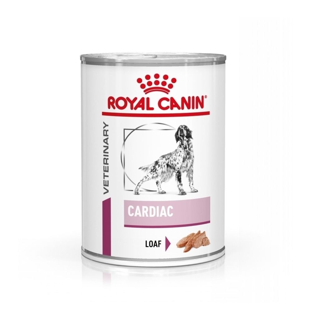 Une boîte de nourriture humide ROYAL CANIN® Veterinary Cardiac pour chien. Montre un chien et le nom du produit.