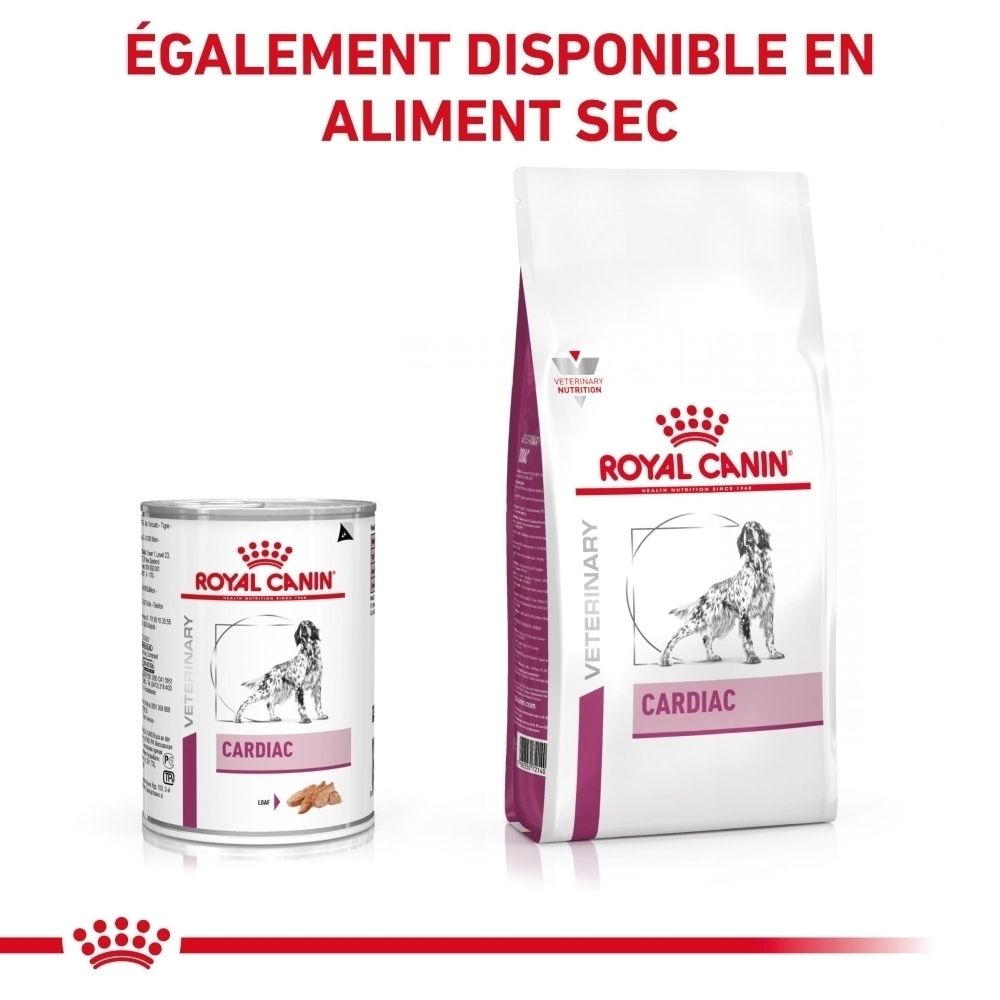 Emballage de 10 boîtes de nourriture humide ROYAL CANIN® Veterinary Cardiac pour chien, de face, focus avant.