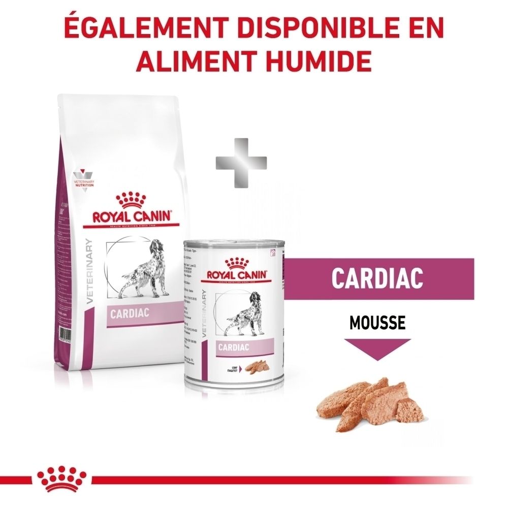 Présentation du produit Royal Canin Cardiac sec et humide, avec une portion de nourriture humide.