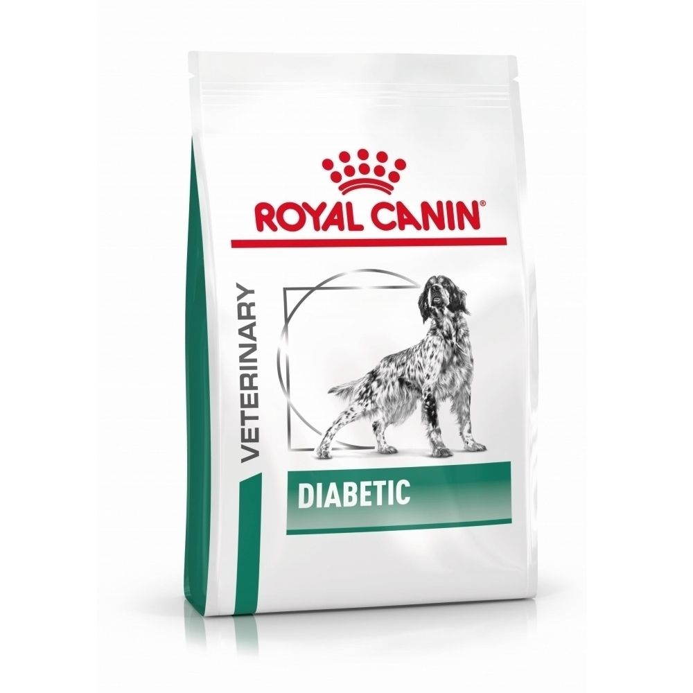 Sac de croquettes Royal Canin Veterinary Diabetic pour chien, avec motif de chien.