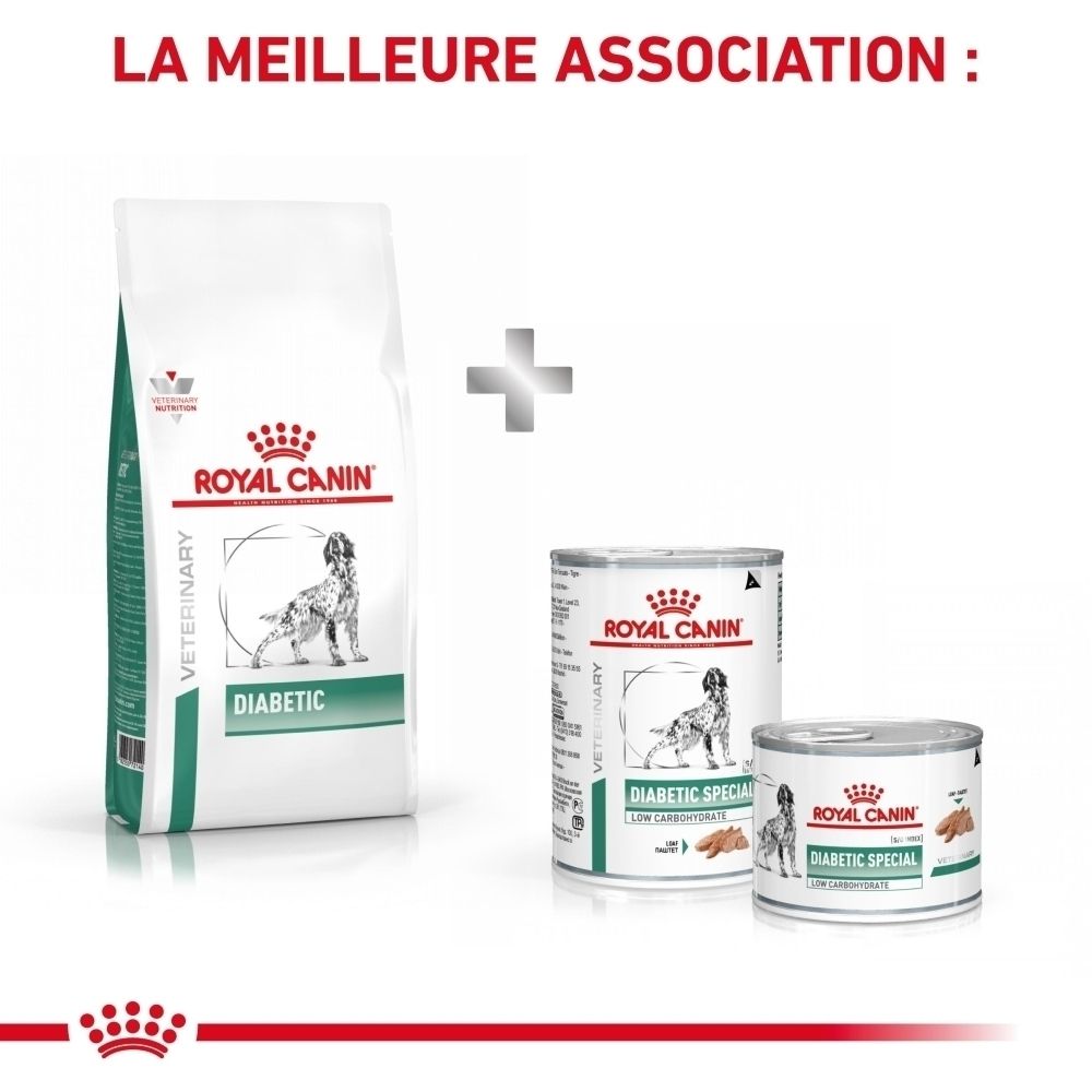 Combinaison de croquettes et de nourriture humide Royal Canin Veterinary Diabetic.