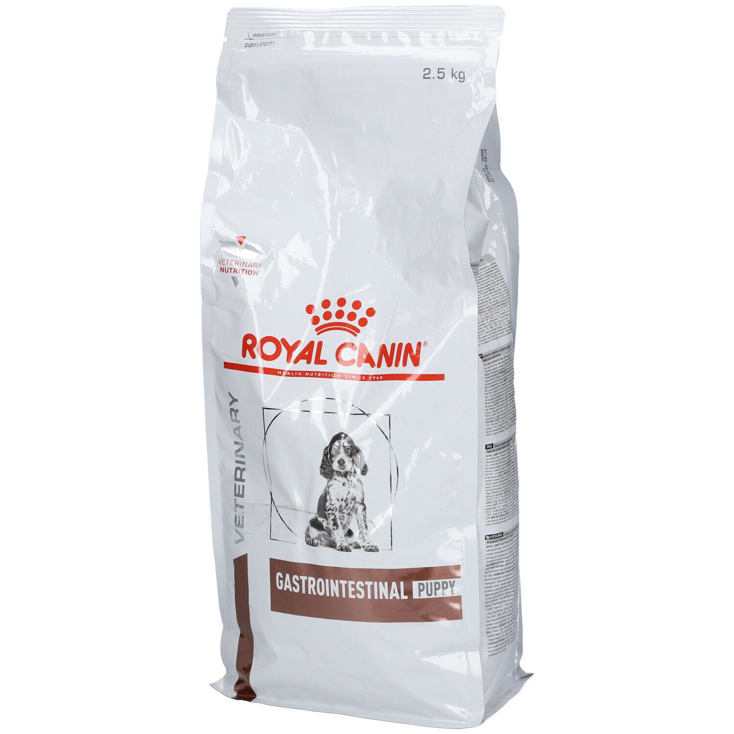 Sac Royal Canin Veterinary Gastrointestinal Puppy. Blanc, logo, illustration de chiot et texte. 2,5 kg.