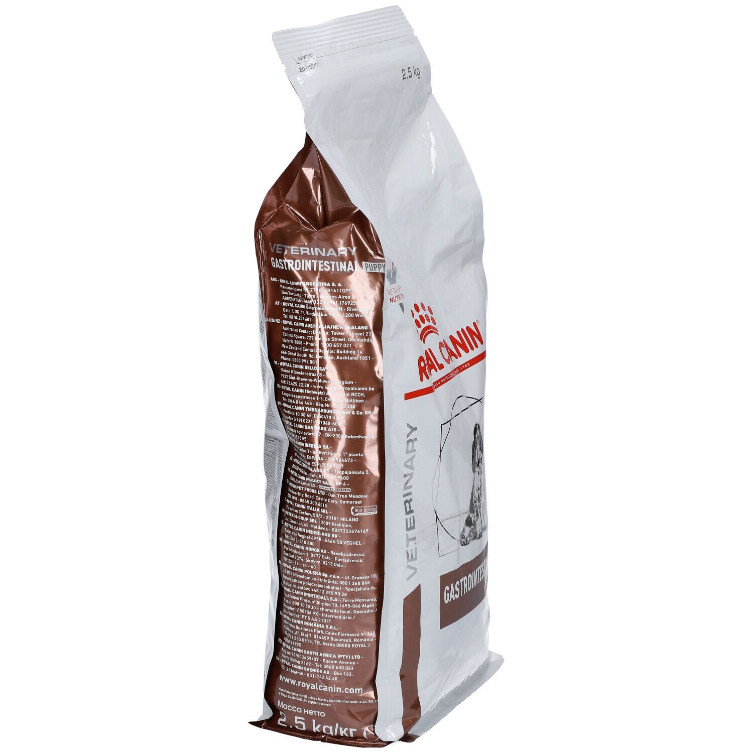 Vue latérale du sac Royal Canin Veterinary Gastrointestinal Puppy. Blanc et marron, avec texte et logo. 2,5 kg.