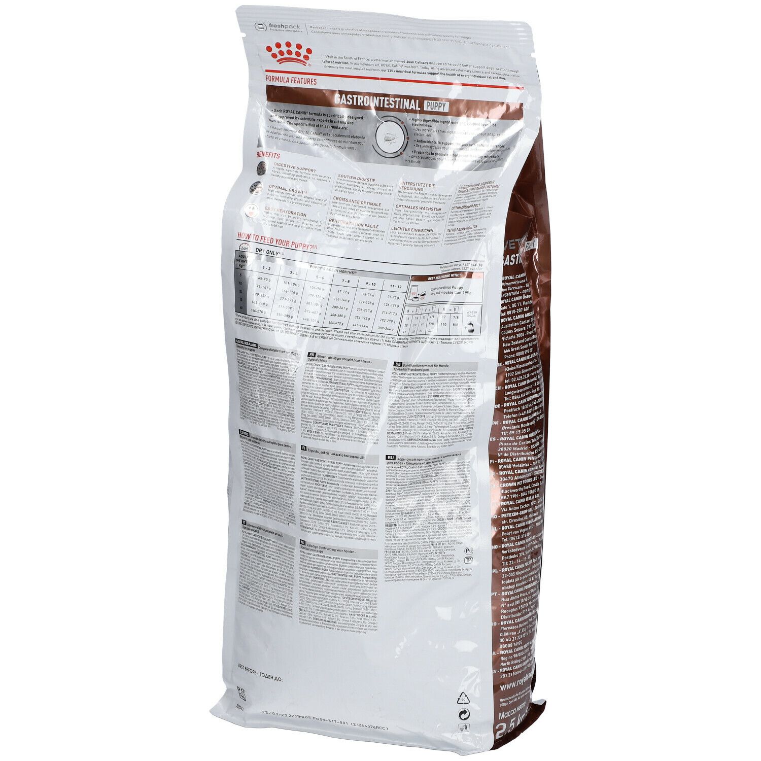 Dos du sac Royal Canin Veterinary Gastrointestinal Puppy. Blanc et marron, avec texte et informations. 2,5 kg.