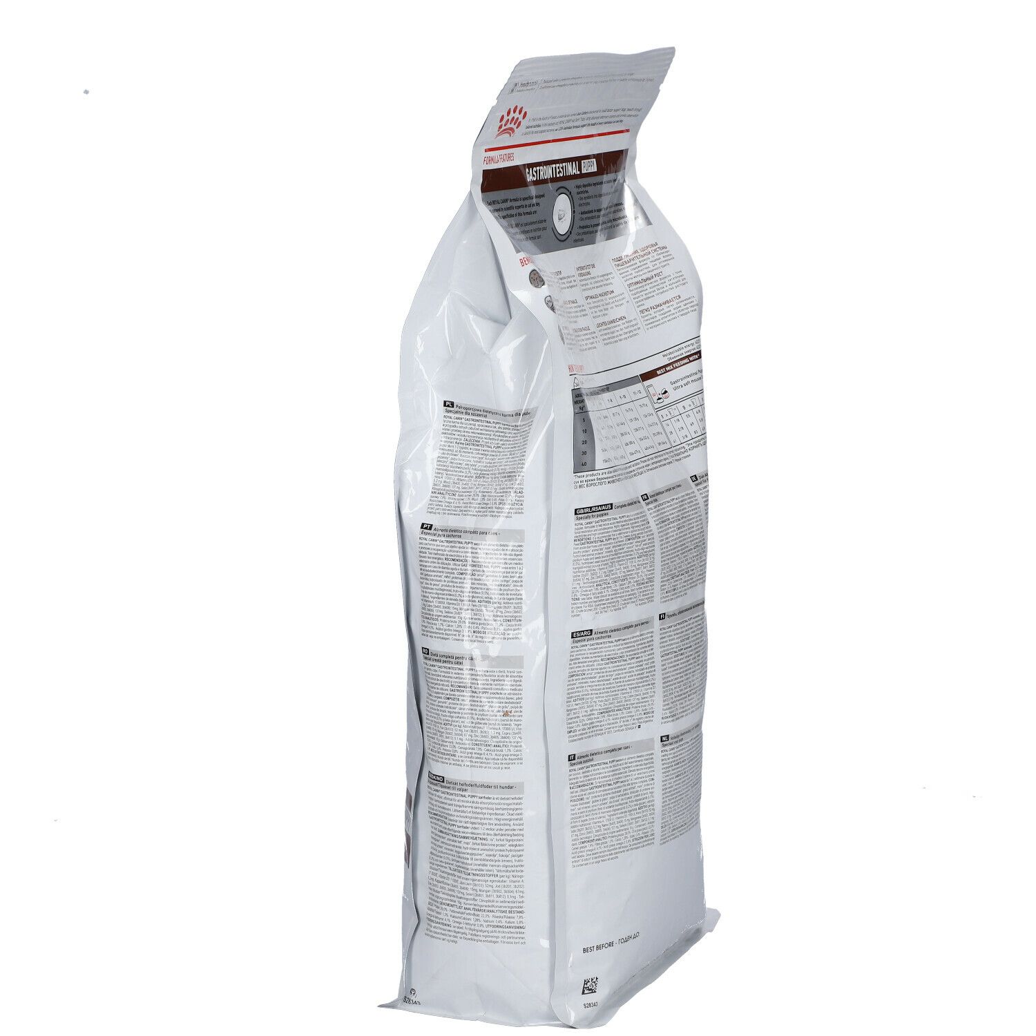 Vue latérale du sac Royal Canin Veterinary Gastrointestinal Puppy. Blanc et marron, avec texte et logo. 2,5 kg.