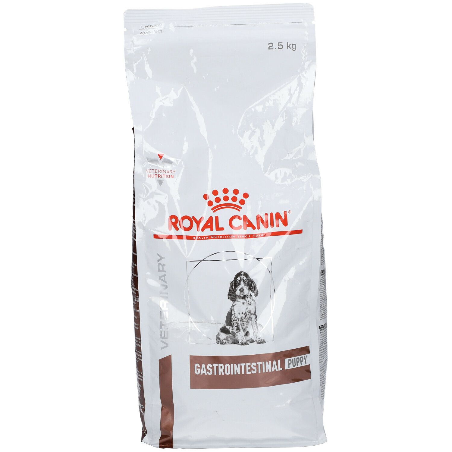 Sac Royal Canin Veterinary Gastrointestinal Puppy. Blanc, logo, illustration de chiot et texte. 2,5 kg.