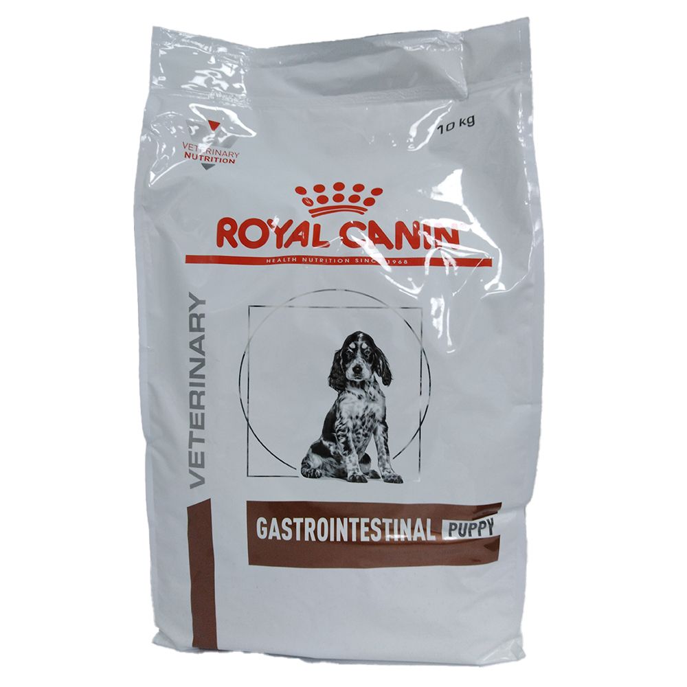 Sac blanc avec impression. Logo et texte ROYAL CANIN. Illustration d'un chiot. Texte : GASTROINTESTINAL PUPPY. Inscription : 10 kg.