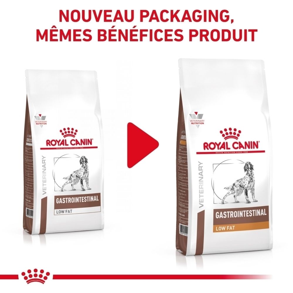 Comparaison de deux emballages de nourriture pour chien ROYAL CANIN Veterinary Gastrointestinal Low Fat, "Nouveau packaging".