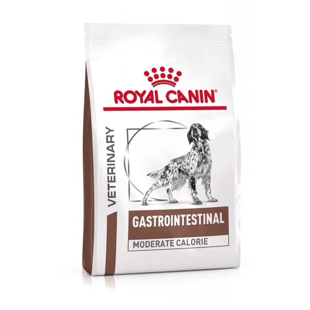 Sac de croquettes ROYAL CANIN Veterinary Gastrointestinal Moderate Calorie avec illustration de chien.