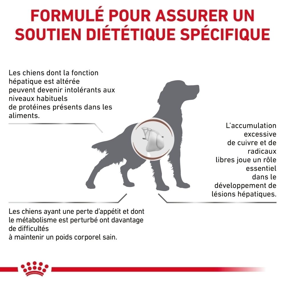 Arrière d'un sac de 12 kg de nourriture ROYAL CANIN® Hépatique, avec informations nutritionnelles.