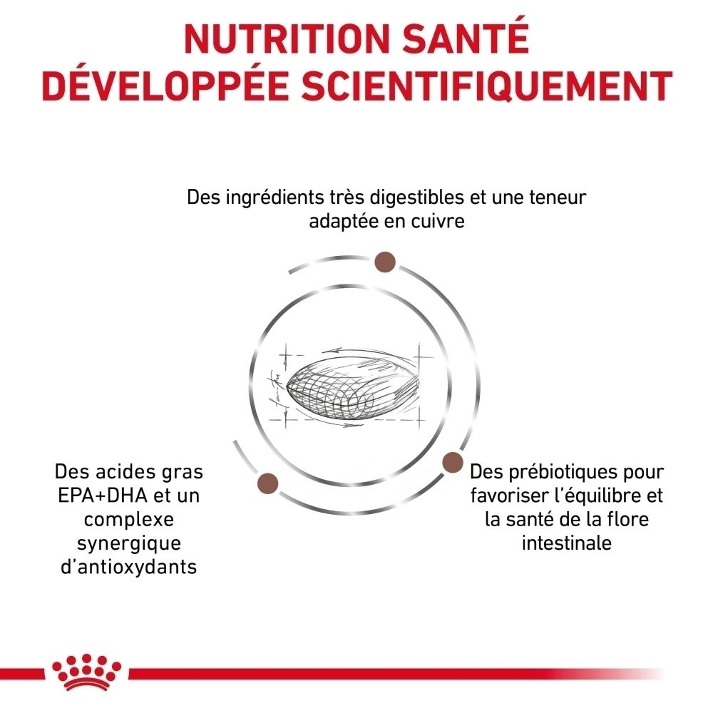 Vue latérale d'un sac de 12 kg de nourriture ROYAL CANIN® Hépatique.