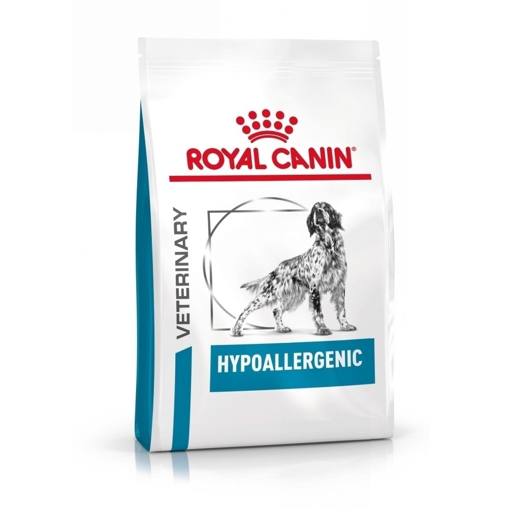 Sac de nourriture pour chien avec logo Royal Canin et illustration d'un chien.