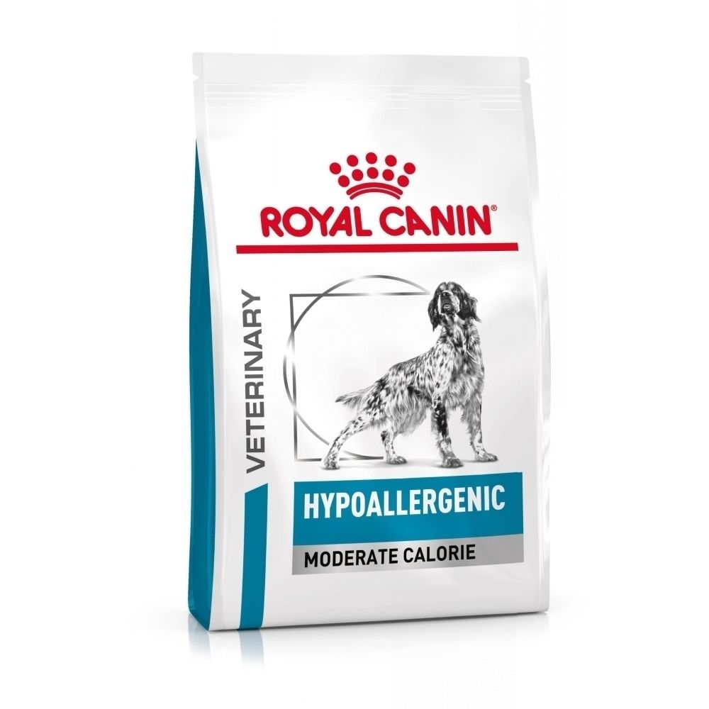 Sac de nourriture pour chien avec logo Royal Canin, inscription 'Hypoallergenic Moderate Calorie' et image de chien.
