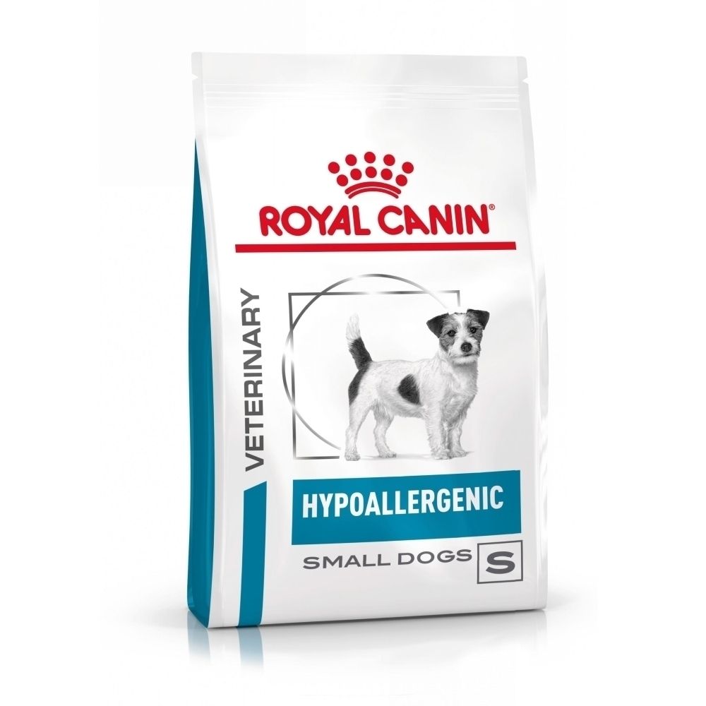 Sac de croquettes Royal Canin Hypoallergenic Small Dogs avec motif de chien.