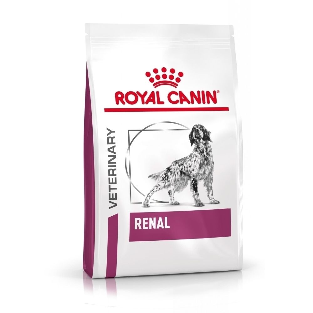 Sac de croquettes Royal Canin Veterinary Renal avec illustration de chien.