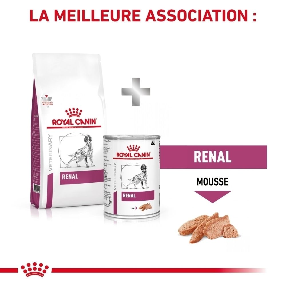 Sac de croquettes Royal Canin Veterinary Renal, verso avec informations nutritionnelles.
