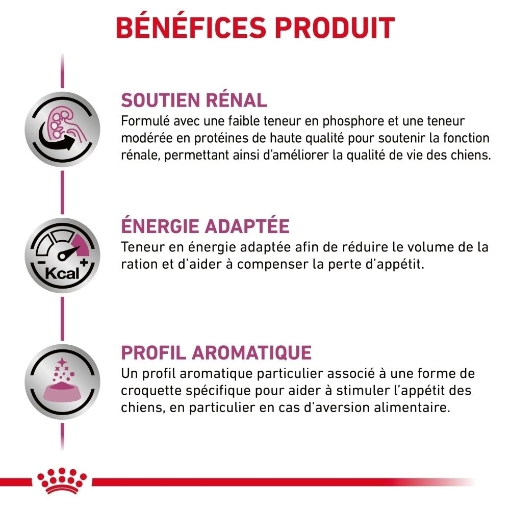 Royal Canin Renal: Avantages produit: soutien rénal, énergie, arôme.