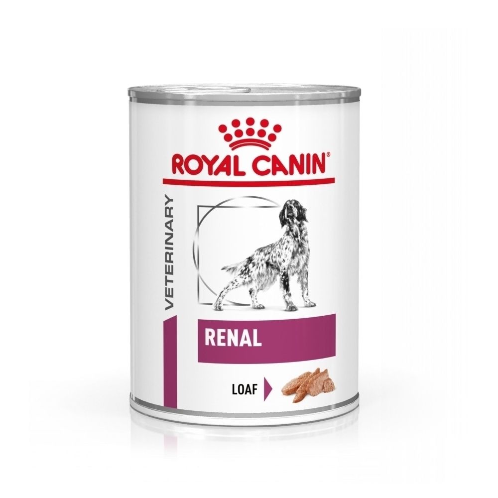 Une boîte de nourriture Royal Canin Veterinary Canine Renal pour chiens, vue de face.