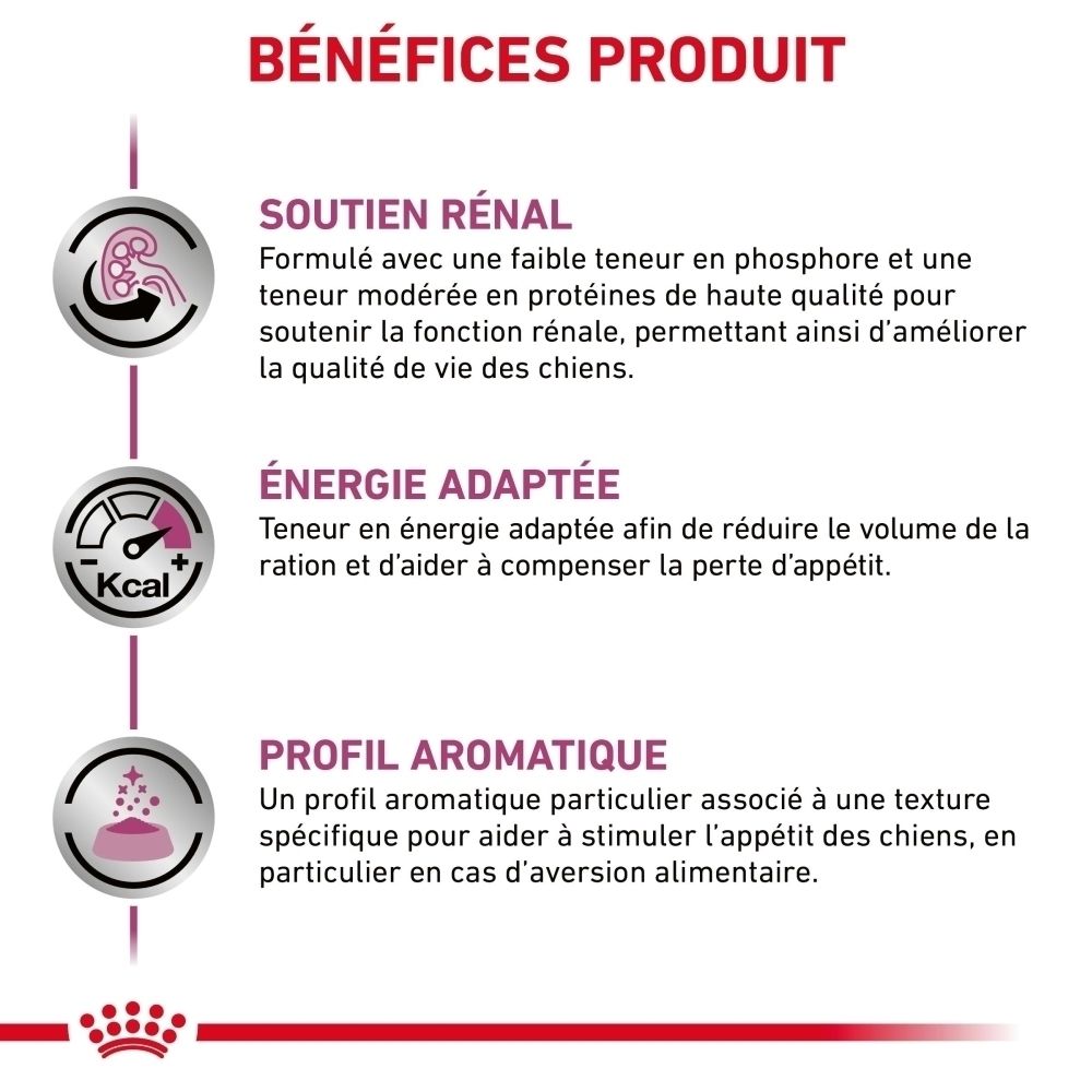 Avantages du produit Royal Canin Veterinary Canine Renal : soutien rénal, énergie adaptée, profil aromatique.