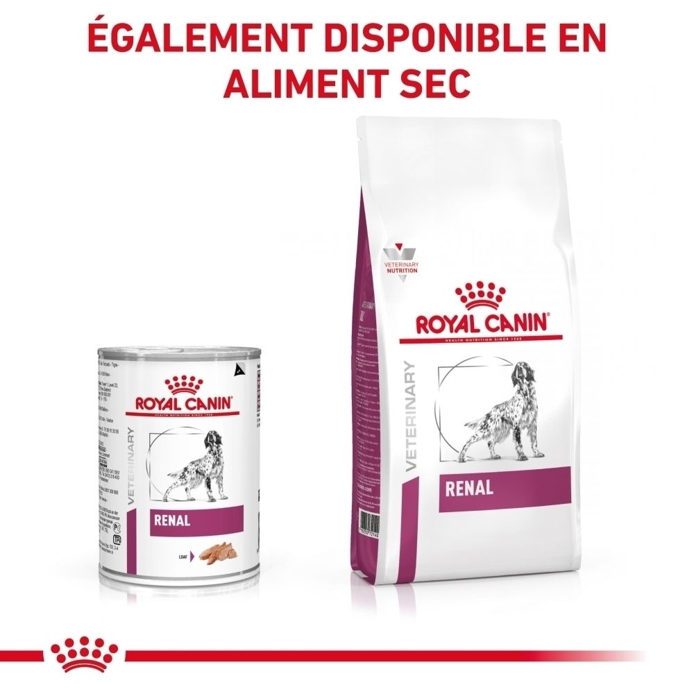 Nourriture humide et sèche Royal Canin Veterinary Canine Renal pour chiens.