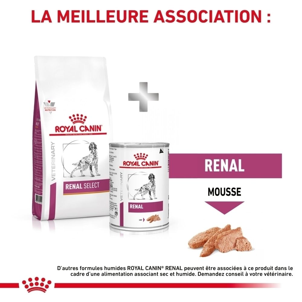 Combinaison de croquettes Royal Canin VET-D Renal Select sèches et humides.
