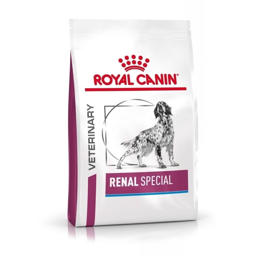 Avant d'un sac de nourriture pour chien Royal Canin VET-DIET Renal Select avec image de chien et nom du produit.
