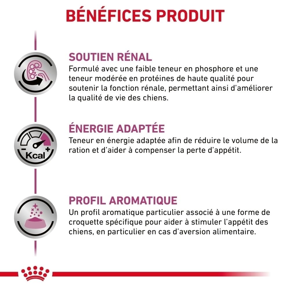 Graphique présentant les avantages du produit Royal Canin Renal Select pour le soutien rénal, l'énergie et l'appétence.