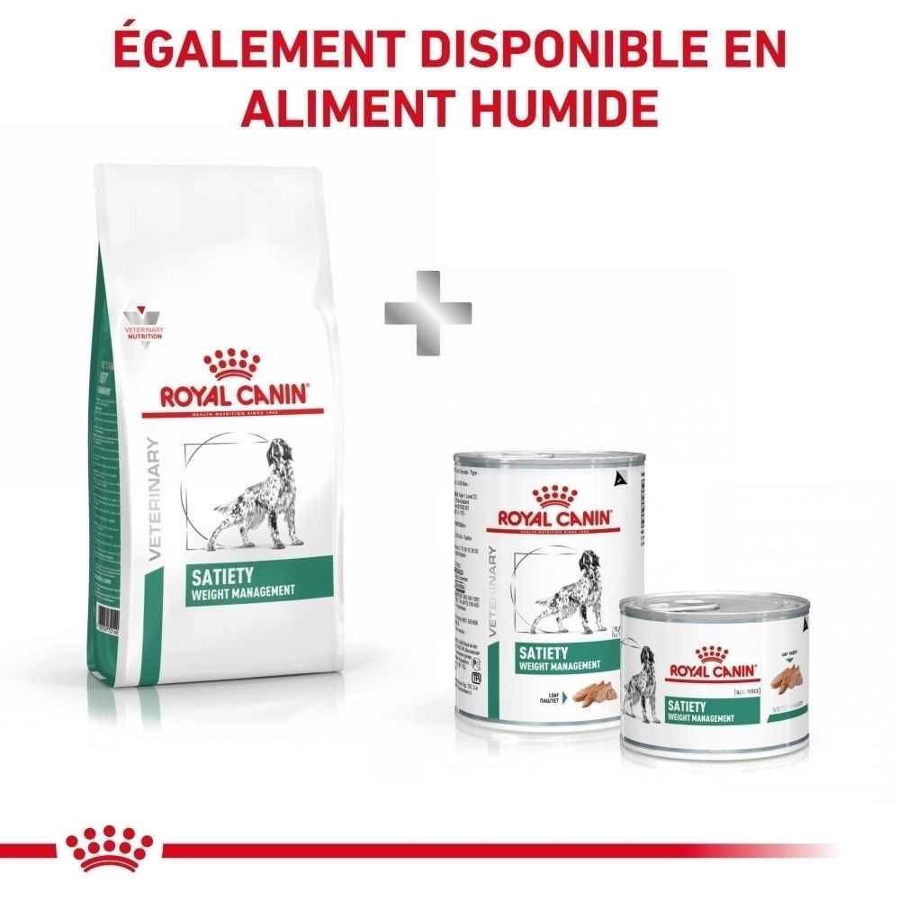 Sac de croquettes Royal Canin Satiety et deux boîtes de nourriture humide.