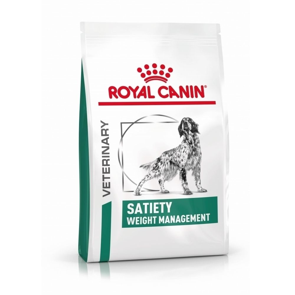Sac de croquettes Royal Canin Veterinary Satiety Weight Management avec image de chien.