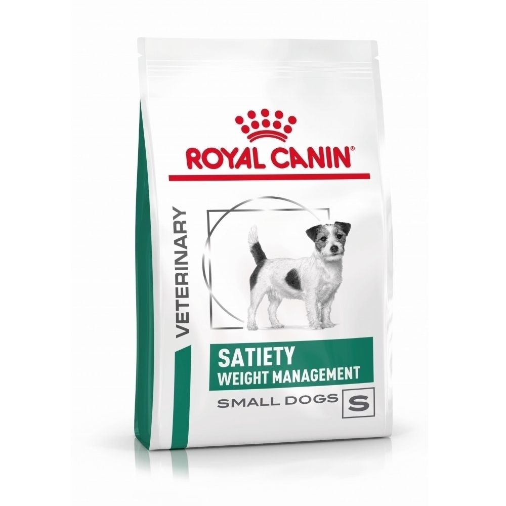 Avant d'un sac de nourriture pour chien ROYAL CANIN® Satiety Weight Management pour petits chiens.